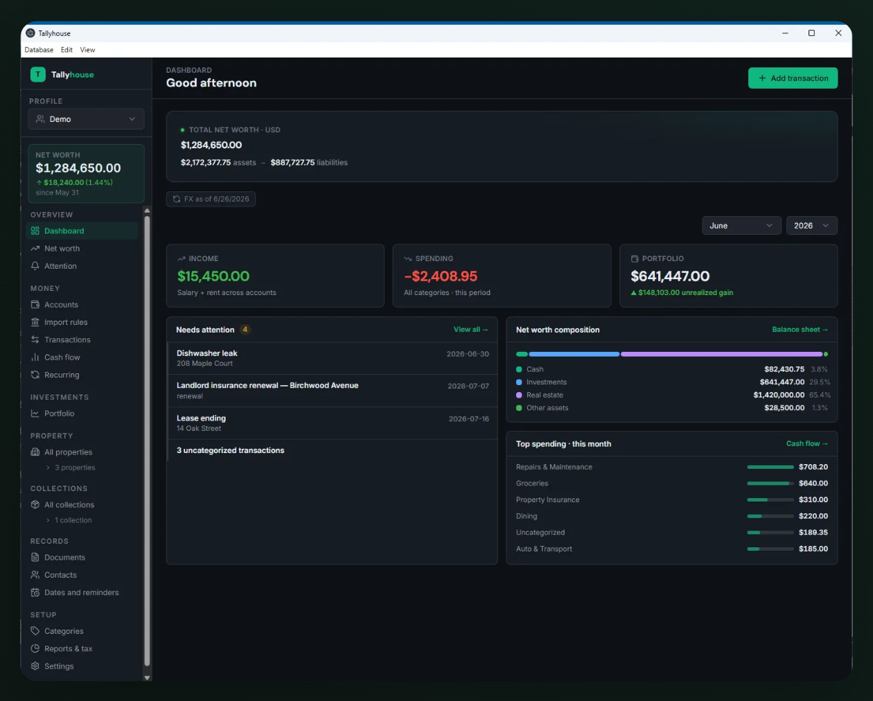 TallyHouse dashboard showing total net worth, income and spending for the month, an attention feed (lease ending, insurance renewal, uncategorized imports), net-worth composition by account type, and top spending categories