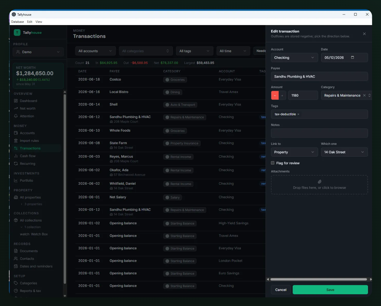 Edit-transaction panel showing account, amount, category, tags, a property link, and an attachments drop zone